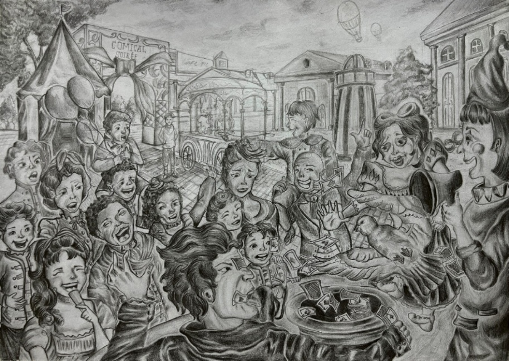 Alifia Adeila, Laughter and Disorder, 2024. Graphite Pencil (2B-14B) on 200 gsm watercolor paper. 21×29.7 cm. Collection of the Artist.